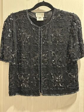 Vintage Silk Stenay Black Beaded Short Sleeve Embellished Jacket Top